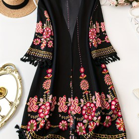 Resim Kadınlar için Şık Büyük Beden Çiçekli Püsküllü Hırka - Hafif, Şeffaf Polyester, Önü Açık ve Püskül Detaylı, İlkbahar/Yaz için Mükemmel, Büyük Beden Hırka 
