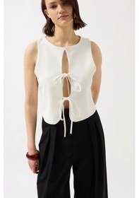 Resim Defymoda Bağcık Detay Dekolte Bluz Beyaz 