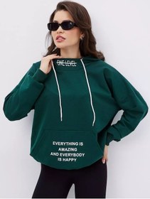 Resim Huong Collection Büyük Beden Kapüşonlu Ve Baskılı Spor Sweatshirt 205944615 Koyu Yeşil 