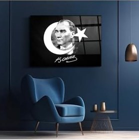Resim Cam Tablo - Atatürk Ay Yıldız - Duvar Dekorasyonu - Ofis Dekorasyonu - Duvar Tablosu - Yt siyah - Beyaz, 30 x 45 