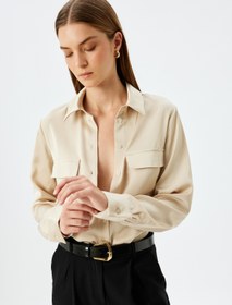 Resim Uzun Kollu Kapaklı Cep Detaylı Saten Gömlek 