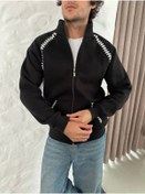 Resim Genel Markalar Erkek Oversize Dik Yaka Fermuarlı Sweatshirt - Zincir Nakışli Kanguru Cepli - Siyah 