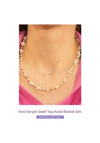 Resim Sertifikalı İncili Doğal Sedef Taşlı Doğal Taş Kolye Bileklik Set Çok Renkli 