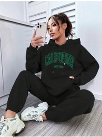 Resim Unisex California Baskılı Kapüşonlu Sweatshirt + Eşofman Altı Jogger Eşofman Takımı Siyah 