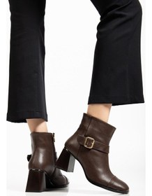 Resim Tpu Taban Kemer Toka Detaylı Fermuarlı Kadın Kahve Cilt Topuklu Bot Tbmr0162 Kahve Cilt 