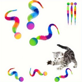 Resim Parlak Renkli, Etkileşimli Kedi Oyuncakları - Zıplayan Top ve Kuyruk, Yumuşak Peluş Silikon, Canlı Çizgili Tasarım, Pil Gerektirmeyen İç Mekan Oyunları, Tüm Kedi Irkları İçin Dayanıklı ve Güvenli, Gece Eğlencesi İçin Uygun, Kedi Oyuncakları, Eğlenceli Tasarım, Parlayan Özellik 