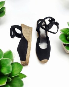 Resim Dolgu Topuk Arkası Açık Hasırlı Keten Sandalet Siyah 