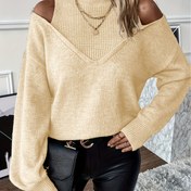 Resim Kadınların Rahat Örgü Kazakları, Düz Renk Polyester 100%, Yüksek Yaka V-Yaka Kazak, Sonbahar / Kış Moda Üstü 