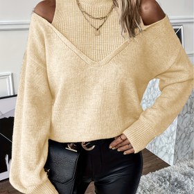 Resim Kadınların Rahat Örgü Kazakları, Düz Renk Polyester 100%, Yüksek Yaka V-Yaka Kazak, Sonbahar / Kış Moda Üstü 