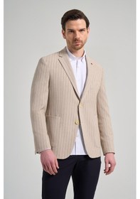 Resim İmza Çizgili Desen Gofreli Mono Yaka Esnek 6 Drop Slim Fit Ceket 1002250122 Koyu Bej 