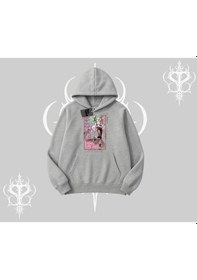 Resim Kapşonlu Sweatshirt Anime Kawaii Japon Kız Desenli Gri 