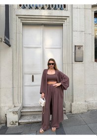 Resim Bonacosa Kadın Viskon 3 Lü Takım Kimono + Beli Lastikli Salaş Pantolon + Crop 8 Renk Kahverengi 