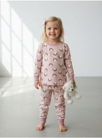Resim Kız Çocuk Pamuklu Gökkuşağı Desenli Pijama Takımı-16274 Renkli 