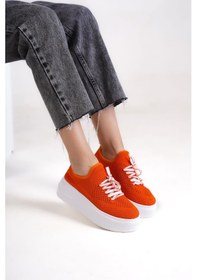 Resim Mubiano H- 101-orj Triko Örme Kumaş Oval Burunlu Bağcık Detay Kadın Oranj Yüksek Taban Babet & Loafer Ayakkabı Oranj 