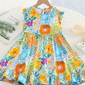 Resim Kızlar İçin Tatlı Uçan Kollu Rayon Etek, Yazlık İnce Renkli El Boyalı Yağlı Elbise 