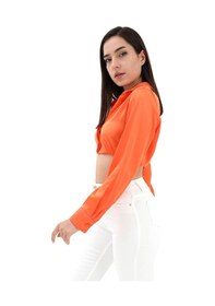 Resim Beli Lastikli Saten Gömlek - Turuncu-turuncu Turuncu 