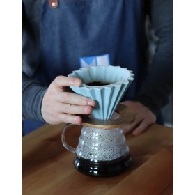 Resim Mujo Coffee V60 Ahşap Standlı Seramik Dripper Kahve Potu Seti Vol1 