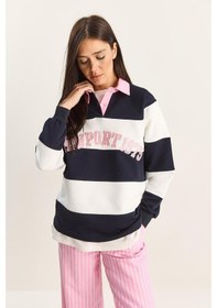 Resim Shade Kadın Polo Yaka Nakışlı Çizgili Sweatshirt 8658 60283852 - Lacivert-beyaz Çok Renkli 
