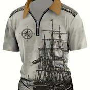 Resim Erkekler için Vintage Donanma Gemisi Baskılı Henley Gömlek - %100 Polyester, Fermuar Detaylı & Yaka, Rahat Kısa Kollu İlkbahar/Yazlık Kazak, Pusula & Halat Detaylı Denizcilik Temalı Tasarım, Akşam Kazak | Fermuar Detaylı Gömlek | Polyester Kumaş 
