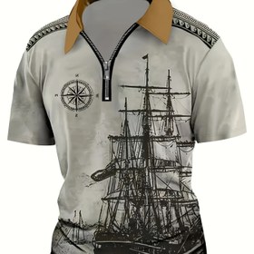 Resim Erkekler için Vintage Donanma Gemisi Baskılı Henley Gömlek - %100 Polyester, Fermuar Detaylı & Yaka, Rahat Kısa Kollu İlkbahar/Yazlık Kazak, Pusula & Halat Detaylı Denizcilik Temalı Tasarım, Akşam Kazak | Fermuar Detaylı Gömlek | Polyester Kumaş 