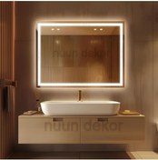 Resim NUUN DEKOR 80x60 Günışığı Ledli Kumlamalı Banyo Aynası Modern Dekoratif Ayna Trafolu 