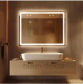 Resim NUUN DEKOR 80x60 Günışığı Ledli Kumlamalı Banyo Aynası Modern Dekoratif Ayna Trafolu 