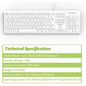 Resim Acer OAK920 Q USB Beyaz 1.8mt Kablolu Klavye-Tek Tuş Hesap Makinalı (Sessiz Tuş) 