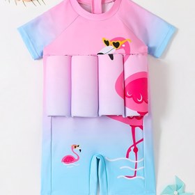 Resim Yeni Flamingo Baskılı Çocuklar İçin Yüzen Mayo, Gradyan Pembe ve Mavi Çocuklar İçin Yüzme Kıyafeti. 