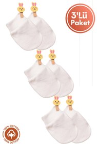 Resim Miniel Unisex Bebek Yenidoğan Penye Organik Pamuklu Bebek Eldiveni 3 Çift Renkli Set 