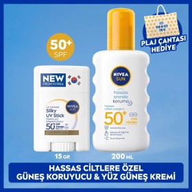 Resim Nivea Sun SPF50 Hassas Güneş Koruyucu Vücut Spreyi 200ML ve Kore Stick Yüz Kremi, Plaj Çantası Hediye 