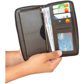 Resim Premium Serisi Lüks Deri Özel Üretim Dikey Telefon Bölmeli Fermuarlı Erkek Cüzdanı Kahverengi 