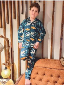 Resim Lolliboomkids Erkek Çocuk Dinozor Desen Düğmeli Pijama Takımı Uzun Kollu Yeşil 