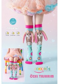 Resim Color Socks 1 Çift Tavşan Peluş Kulaklı Kız Çocuk Çorap Topuksuz Turkuaz 