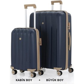 Resim Mçs Bavul Büyük Ve Kabin 2li Set Kırılmaz Silikon Valiz V305 Laci/şampanya Lacivert 
