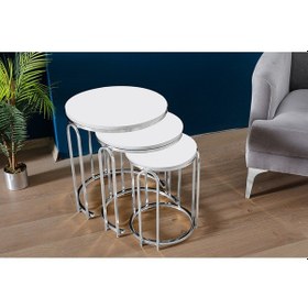 Resim 3' Lü Beyaz Ahşap Nikel Gümüş Ayak Lenka Metal Sehpa Beyaz 