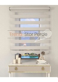 Resim Geniş Plise Beyaz Etek Dilimli Zebra Stor Güneşlik Perde Kırık Ekru 