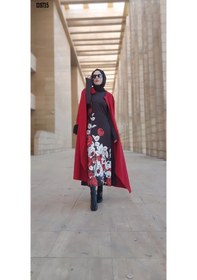 Resim Moda Kadın Tesettür Bisiklet Yaka Çiçekli Uzun Kollu Mikro Midielbise Siyah 