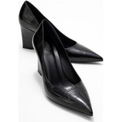 Resim Puera Siyah Baskı Sivri Burunlu Kadın Dolgu Topuklu Ayakkabı Siyah Croco 