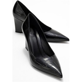 Resim Puera Siyah Baskı Sivri Burunlu Kadın Dolgu Topuklu Ayakkabı Siyah Croco 