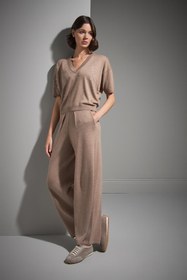 Resim Pileli Bol Paça Bej Triko Pantolon 