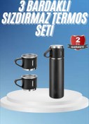 Resim AyrStore Termos Paslanmaz Çelik Termos Siyah Renk 3 Bardaklı Termos Seti 