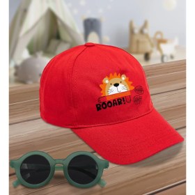 Resim BK Kids Roar Tasarımlı Kırmızı Cotton Çocuk Şapkası ve Yeşil Çocuk Güneş Gözlüğü Hediye Seti 