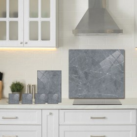 Resim Decorita 3'lü Takım Gri Mermer Görünümlü | Cam Ocak Arkası - Cam Kesme Tahtası- Tablası - Bardak Altlığı 