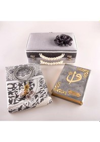Resim Boncuklu Kutu Çeyizlik, Seccade + Tesbih + Kuran Hediye Seti Çanta Boy, Gri 