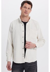 Resim Tudors Erkek Regular Fit Rahat Kesim Fitilli Kadife Görünüm Düğmeli Yaka Krem Rengi Ceket Gömlek-41322 Krem 