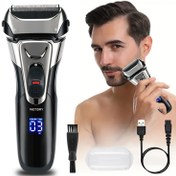 Resim Profesyonel Erkek Alüminyum Folyo Tıraş Makinesi - USB Şarjlı, Şakak Düzeltme Aparatı, LED Dijital Ekran, Taşınabilir Tıraş Makinesi, 3 Başlık Tasarım, Kolay Sakal Alma, Araba, Seyahat, Ofis ve Ev Kullanımı İçin Uygun, Mükemmel Yeni Yıl Hediyesi! 
