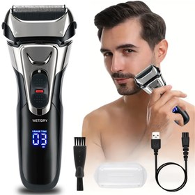 Resim Profesyonel Erkek Alüminyum Folyo Tıraş Makinesi - USB Şarjlı, Şakak Düzeltme Aparatı, LED Dijital Ekran, Taşınabilir Tıraş Makinesi, 3 Başlık Tasarım, Kolay Sakal Alma, Araba, Seyahat, Ofis ve Ev Kullanımı İçin Uygun, Mükemmel Yeni Yıl Hediyesi! 