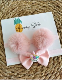 Resim Kız Çocuk Unicorn Detaylı Pembe Fiyonk Ponponlu 2'li Bandana Seti 