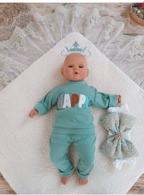 Resim Yenidoğan Kuzulu Taç Nakış Güpürlü Fiyonklu Duvaklı Prizma Taş Unisex Kundak Bebek Battaniyesi Su Ye Su Yeşili 