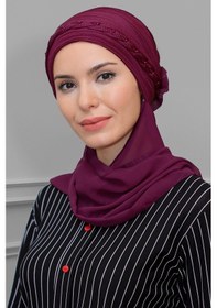 Resim Hürrem Bone Şarabi Pratik Hazır Geçmeli Tesettür Bone Fukuro Piliseli Örgülü Şifon Atkılı 1825a 08 Bordo 